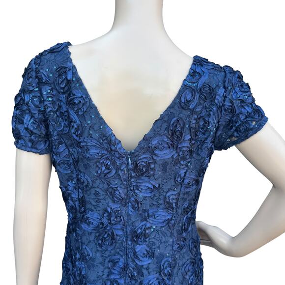 Alex Evenings Navy Blue Formal Gown 8 Textured Floral Short Sleeve Maxi Dress - Picture 7 of 7